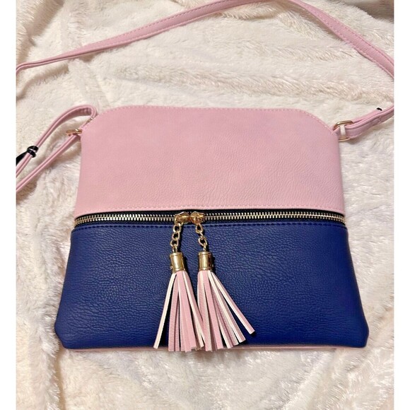 SUGU Lightweight Medium Dome Crossbody Bag Shoulder Bag with Tassel Blush Navy - Picture 2 of 10